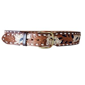 Vintage Tony Lama Tooled Leather Western Belt Sz 30 Multicolor Inlay Cowboy USA